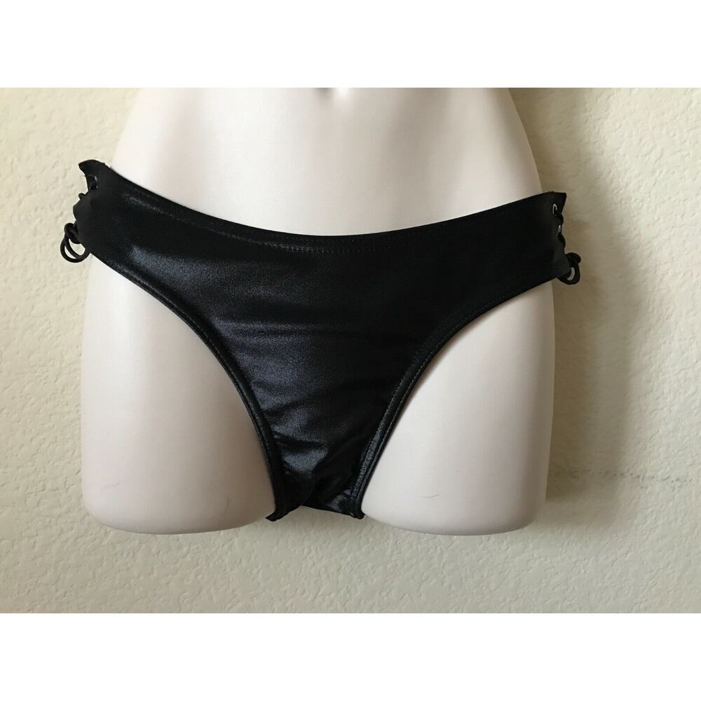 Syrup Swimwear Black Shimmer Metallic Lace Up Side Cheeky Bikini Bottom Size M